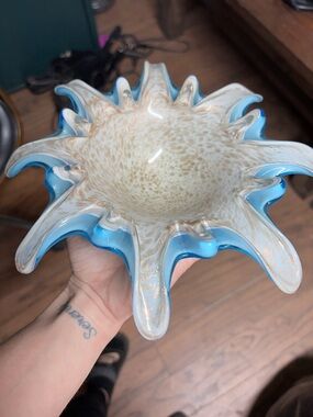 Handblown Art Glass Seaform Bowl in Blue and Cream